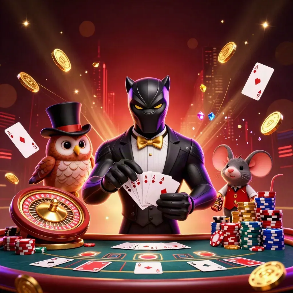 Black panther, owl, and mouse amid casino chips, cards, coins, roulette wheel, and golden light.