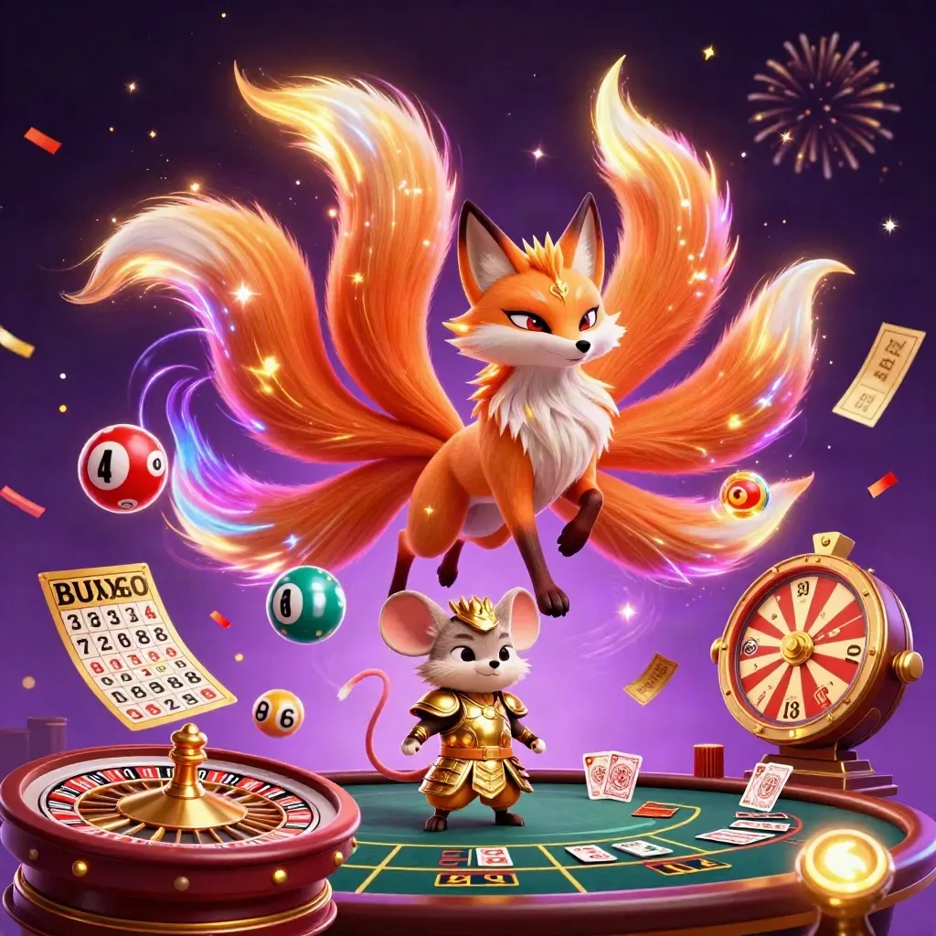 Neon fox spirit and samurai mouse amid casino magic, gold lights, and floating game symbols