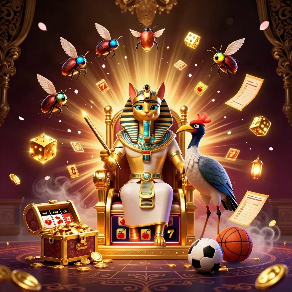 Pharaoh cat, ibis scribe, and gem scarabs amid exploding slot jackpots and casino symbols.