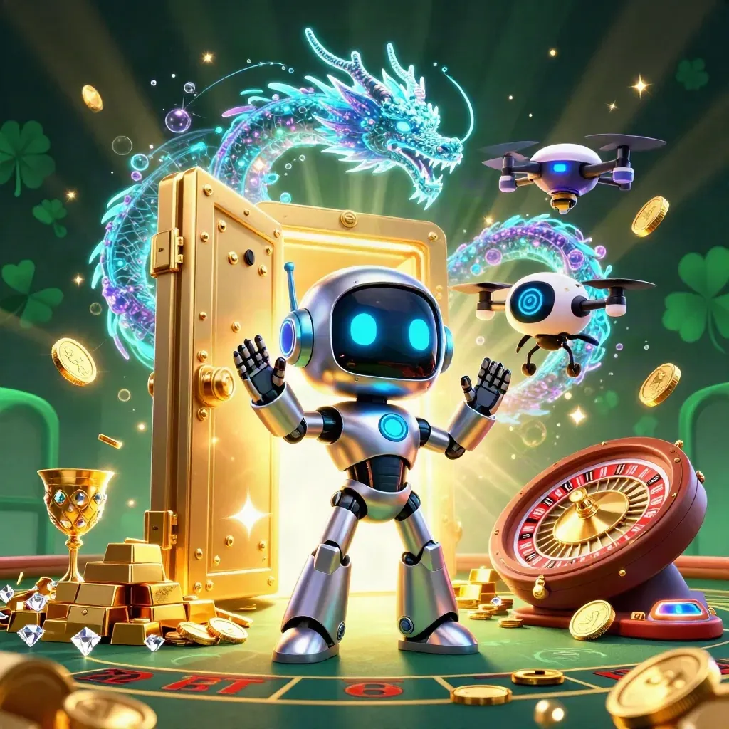 Cyberpunk robot, hologram dragon and drone amid gold vault, jewels and casino glow.