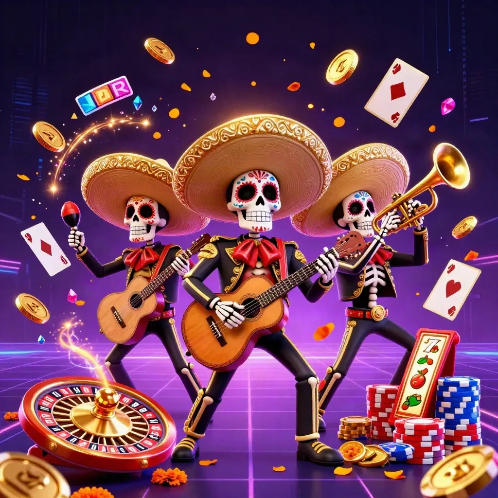 Day-of-the-Dead skeleton mariachi trio amid casino jackpots, coins, cards, chips, and neon effects
