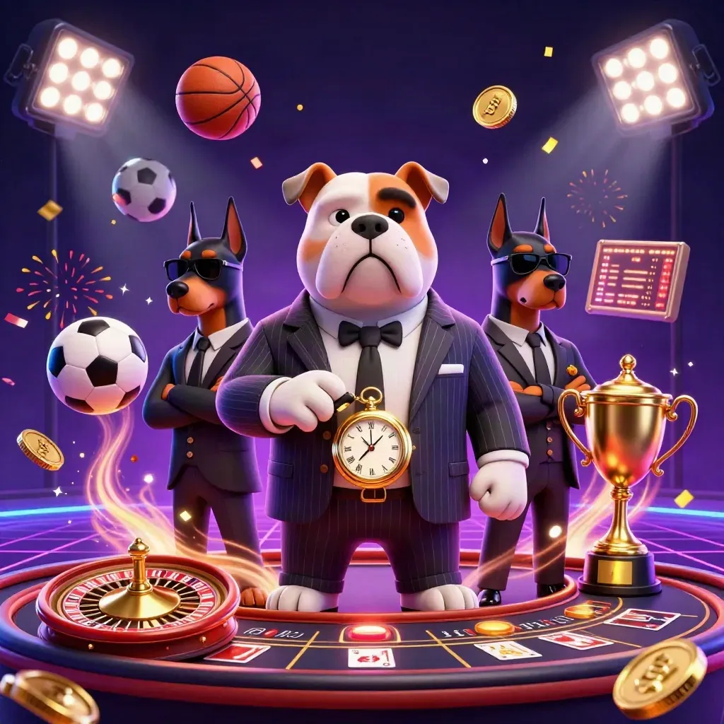 Mafia bulldog and two Dobermans amid coins, sports balls, roulette, fireworks, and neon casino lights.