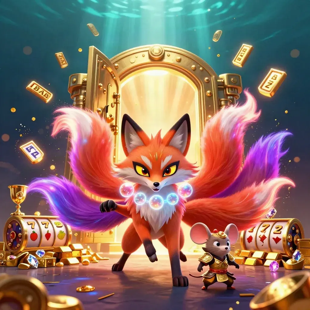 Nine-tailed fox spirit and armored mouse amid vault gold, gems, reels and casino light