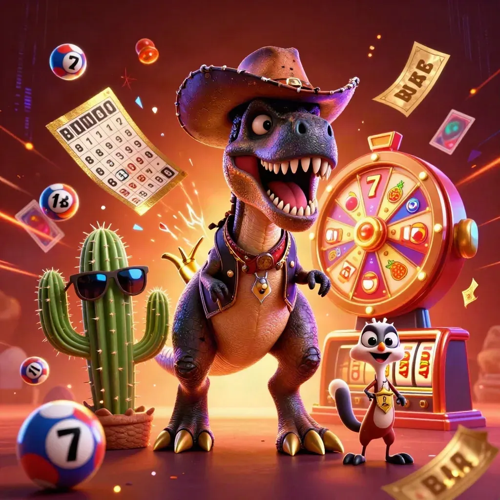 Cowboy T-Rex, cactus sidekick and roadrunner amid jackpot balls, reels and neon casino chaos.