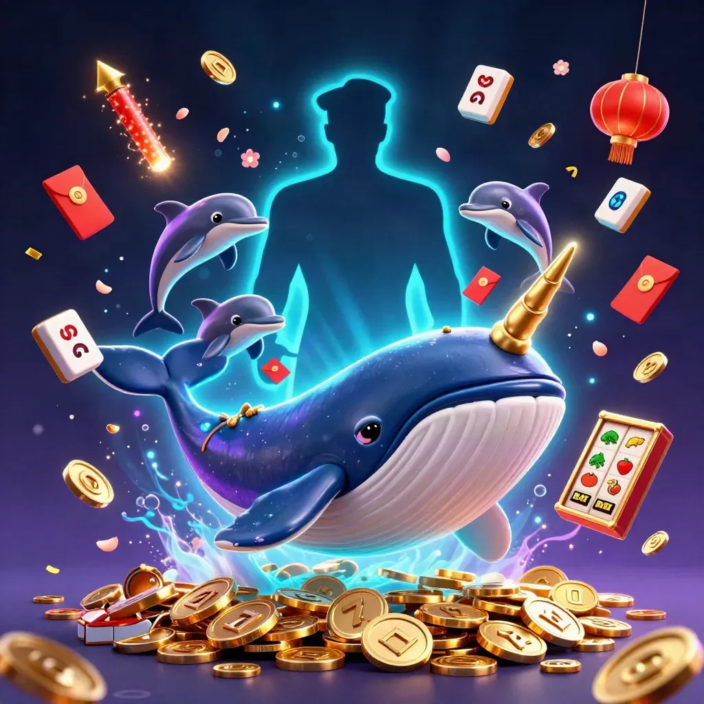 Whale captain, narwhal, and dolphins amid coins, lanterns, tiles, and neon casino effects.