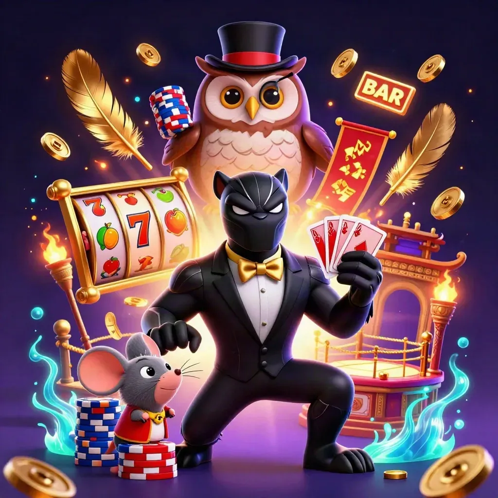Black panther, owl, and mouse in a neon casino scene with chips, cards, reels, and glowing jackpot effects.